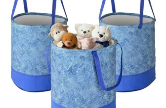 Urbane Home Pack of 3 Foldable 45L Toys Organizer for Kids Room – Soft Toys Storage Bag/Basket/Container with Handles | Wavy Pattern -Blue