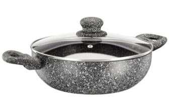 amazon basics Aluminium Granite Finish Kadhai with Glass Lid | Non-Stick | Soft Touch Handles | Induction Bottom | 2500 ml | Grey
