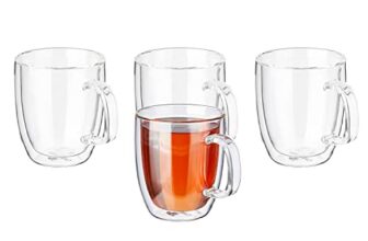 Amazon Brand – Solimo Borosilicate Glass Tea Cup, Double Wall, Extra-Wide, Heat-Resistant, Crystal-Clear, Ideal for Tea, Coffee and Other Beverages (Set of 4, 350 Ml Each)