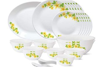 Larah by Borosil – Tiara Series, Golden Shower, 33 Pcs, Opalware Dinner Set, White