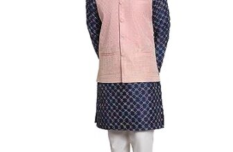 SOJANYA (Since 1958 Men’s Silk Blend Navy Blue Kurta and Off-White Pyjama With Pink Nehru Jacket