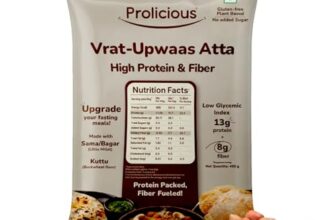 Prolicious Vrat-Upwaas Atta | Upgrade Your Fasting Meals | 13g Protein + 7g Fibre | Little Millet (Sama), Buckwheat (Kuttu) & Defatted Peanut Flour | Low GI, Diabetic & Sugar Friendly | Diet Watchers | 450g
