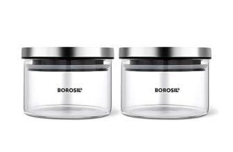 Borosil Classic Jar (300ml x 2) with Stainless Steel Lid | Borosilicate Glass Storage Organiser | Microwave & Dishwasher Safe Kitchen Containers for Spices, Snacks, Grains, Dals
