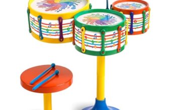 Toyztrend Jazz Drum Set Senior Musical Band Instruments with 3 Drums, 1 Dish, 1 Stool & Sticks for Kids (Assorted Colors & Designs)