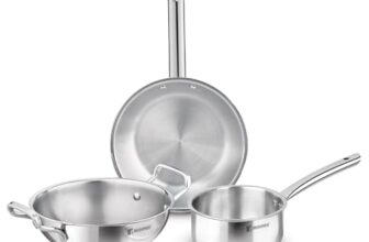 Bergner TriPro 3 Pcs Tri-Ply Stainless Steel Induction Bottom Cookware Set – 22cm (2L) Kadai and 22cm (1L) Frypan, 14cm (1.1L) Teapan, Less Oil Use, Easy to Clean – Induction and Gas Stove Ready