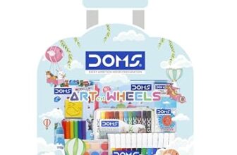 Doms Art On Wheels Assorted Stationery Items Kit+Plastic Crayons 28 Shades Round Tin Gift Pack Combo| Easy to Carry| A Fine Birthday Gift for Children