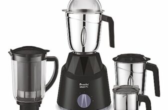 Preethi Galaxy Plus Mixer Grinder for Kitchen – 4 Jars 750 Watt Mixie (3 Stainless steel Jars+1 Super Extractor Juicer Jar), Flexi lids, Vega W5 motor, Black (MG-250)