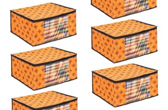 PrettyKrafts Set of 6 Non-Woven Printed Foldable Saree Covers/Wardrobe Organizer With Transparent Window And Zip/Clothes Storage Bag For Women’s Lehenga, Suit Saree & Other Accessories (Orange)