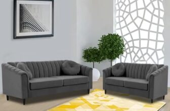 FURNY Dorano 5 Seater Fabric 3+2 Premium Sofa Set for Living Room (Grey)
