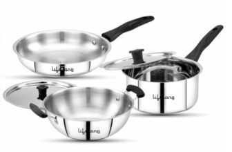 Lifelong 5 Piece Stainless Steel Cookware Set|2.2L Kadhai with Lid 22cm|1.4L Fry Pan 22cm|1.2L Saucepan 16cm|Comes with Two Lid|Induction & Gas Compatible|Bakelite Handles|Easy to Clean (Silver)