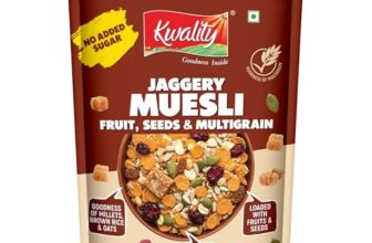 Kwality Muesli Jaggery, Fruits, Seeds & Crunch 400g | Goodness Millets Brown Rice & Oats | 66% Multi Grain Mix Natural Sweetener | High-Fibre, Multigrain Breakfast Cereal with Crunch & Nutrition | Natural sweetner Jaggery