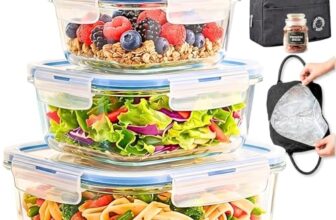 ALTITUDE Borosilicate Glass Food Storage Containers Set of 3 with Airtight Locking Lids, 340ml 500ml 820ml, Insulated Lunch Bag & 120ml Glass Jar, Microwave Oven Freezer Safe