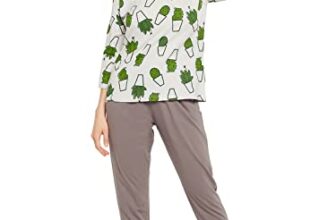 Clovia Women’s Cotton Cactus Print Top& Chic Basic Joggers- (LS0662P01_Grey_L)