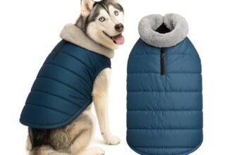 The Pets Company Dog Winter Coat Jacket, Cloth, Windproof, Waterproof, Light Weight, Washable, Ultra Warm Thick Fleece Lined Dog Vest for Cold Weather Protection, (Navy, Medium – Large – 22 Inch)