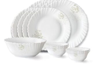 Larah by Borosil Ingot Fluted Series Opalware Dinner Set | 13 Pieces for Family of 4 | Microwave & Dishwasher Safe | Bone-Ash Free | Crockery Set for Dining & Gifting | Plates & Bowls | White