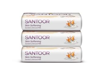 Santoor Skin Softening Sandal & Almond Milk Bathing Soap with Nourishing & Anti-Aging Properties| For Smooth & Soft and Younger-Looking Skin| For All Skin Types|150G X3