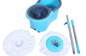 Spin Mop Bucket Set with Adjustable Stainless Steel Handle and 2 Microfiber Refills – Plastic Wringer Basket with Wheels, 360 Degree Rotating Head Floor Cleaning System for Home and Kitchen (Blue)