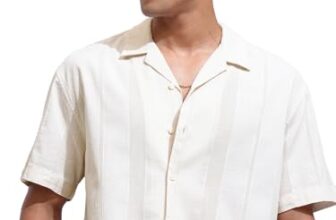 Locomotive Men’s Relaxed Fit Shirts | Striped | Half Sleeves | Cuban Collar | Casual Shirts | Men Shirts Beige