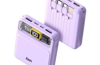 Foxin 10000mAh All-in-One Mini Power Bank with Built-in Cables | Fast Charging 22.5W QC+PD | Pocket Size Power Bank for All Phones | PTC Protected | Type C Input & Output | BIS Certified – Lavender