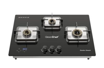 Greenchef Zentro Smart Three burner Glass Hob Top| Digital timer| Featured with Flame failure| Black Color| High efficiency tornado Burners| Dual Purpose Hob(Built In Or Counter top)
