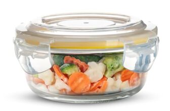 BERGNER Borosilicate Glass Side Lock Round Storage Container for Kitchen with Air-Tight and Leakproof Lid, BPA Free, Microwave and Oven Safe, Removable Silicone Yellow Gasket (400 ml), Transparent