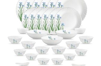 La Opala Opal Glass Crockery | for Family of 6 | Dinner Set 35 pcs Blue Florets | Plates & Bowls for Dining | Microwave Safe | 100% Vegetarian | Extra Strong | Extra Light & White