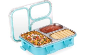 ATTRO Trio Meal Stainless Steel Lunch Box with 3 Partition, Microwave Safe, Airtight Leakproof Silicone Seal Lid, BPA-Free Food Grade Tiffin Box for Office School Kids – 600ml – Blue