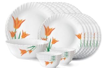 Larah by Borosil Firefly Fluted Series Opalware Dinner Set | 19 Pieces for Family of 6 | Microwave & Dishwasher Safe | Bone-Ash Free | Crockery Set for Dining & Gifting | Plates & Bowls | White