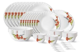 Larah by Borosil Red Iris Fluted Series Opalware Dinner Set | 44 Pieces for Family of 8 | Microwave & Dishwasher Safe | Bone-Ash Free | Crockery Set for Dining & Gifting | Plates & Bowls | White