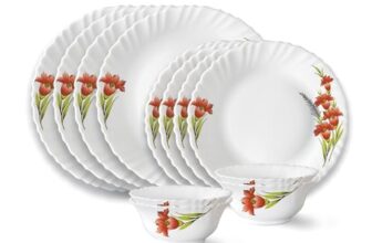 Larah by Borosil Red Iris Fluted Series Opalware Dinner Set | 12 Pieces for Family of 4 | Microwave & Dishwasher Safe | Bone-Ash Free | Crockery Set for Dining & Gifting | Plates & Bowls | White