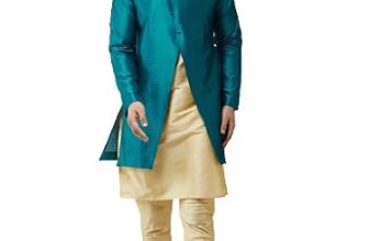 SOJANYA (Since 1958 Men’s Silk Blend Gold Kurta Churidaar Pyjama & Peacock Blue Jacket COMBO Size 44