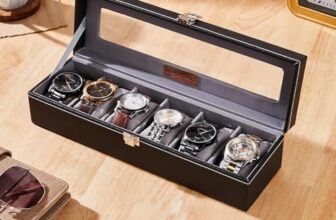 Amazon Basics Unisex Faux Leather Watch Organiser Box with 6 Slots |Watch Organiser with Transparent Lid (Black)