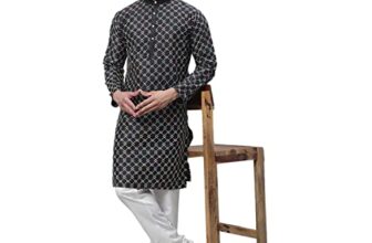SOJANYA (Since 1958 Men’s Silk Blend Black Kurta with Multi Color Embroidery and Off-White Pyjama