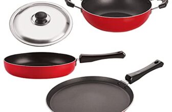 Nirlon Aluminum Nonstick Compatible with All Gas & stovetops 4 Piece Cookware Gift Set with Heat-Resistant Friendly Bakelite Handle[Flat Tawa 26cm|Fry Pan 22cm |Kadhai 22cm |Stainless Steel Lid]