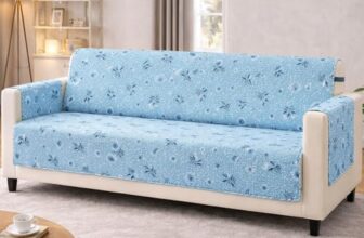 Cortina Reversible Quilted Sofa Cover with Pockets, Adjustable Elastic Straps | Sofa Couch Protector | Machine Washable Fully Covered Sofa Slipcover (White/Blue, 3 Seater)