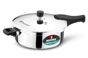 Bergner Argent Classic Triply Stainless Steel 5 Liters Outer Lid Pressure Pan, Triply Cooker with Resettable Safety Valve, Sturdy Handle, Easy to Use and Clean – Induction and Gas Stove Ready
