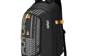 Safari Terra 37L School Bag for Boys & Girls, Casual 3 Compartment Backpack Bag with Armor Base, Rain Cover, File holder, Bottle Holder and Organizer, College Bag for Men and Women, Color Black