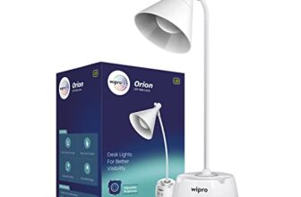 wipro Orion 6w Rechargeable LED Table Lamp |3 Grade Dimming with Night Light |Adjustable Desk Lamp for Study |Mobile Holder |with Pen Stand | Li-Ion Battery, ABS, White (Pack of 1)