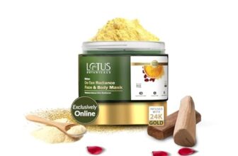 Lotus Botanicals Ubtan De-Tan Radiance Face and Body Mask | Infused with 24K Gold | For Boosting Skin Radiance, Reducing Skin Dullness & Anti-Tanning | No Silicon, No Sulphates, Non-Comedogenic, No Preservatives | 140g