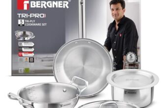 Bergner Tripro Triply Stainless Steel Cook Serve N Keep 5 Pcs Cookware Set – 24cm (3L) Kadai with Lid, 22cm (1.5L) Frypan, 16cm (2L) Tope with Lid, Healthy Cooking – Induction and Gas Stove Ready