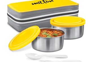 MILTON New Mini Lunch Box with Insulated Bag, 2 Containers (2 Stainless Steel 280 ml Each, Spoon & Fork), Leak-Proof Tiffin for Office, School, College, Yellow