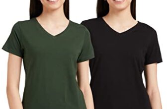 Amazon Brand – Symbol Women’s Cotton Stretch Regular Fit V Neck Half Sleeve T-Shirt (Combo Pack of 2) (TS-2 CONT_MINT & BLACK_XL)
