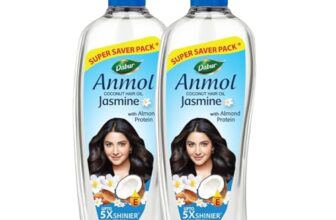 Dabur Anmol Jasmine Coconut Hair Oil Pack of 2 (475ml x 2), for Nourished & Frizz-Free Hair, Strengthens with Coconut, Jasmine & Almond Protein