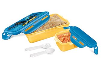 MILTON Mini Fun Treat Lunch Box, Plastic Tiffin 650 ml and Small Container 125 ml with Plastic Spoons, Super Hero School Kids Lunchbox, Leak Proof, Dark Yellow