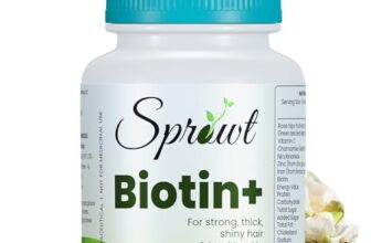 Sprowt Biotin+ Tablet | Supplement For Strong Thick Hair & Glowing Skin | Improve the Energy Level | With Vitamin C, Green tea, Rosehip Extracts | Men & Women | 60 Biotin Veg Tablets