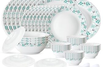 Larah by Borosil Silk Series Stardust Opalware Dinner Set | 47 Pieces for Family of 8 | Microwave & Dishwasher Safe | Bone-Ash Free | Crockery Set for Dining & Gifting | Plates & Bowls | White