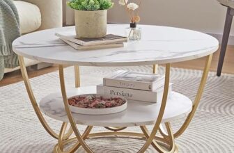 Ereteken ART Round Gold Coffee Table,2 Tier Coffee Tables for Living Room,Circle Coffe Table with Storage Modern Center Tea Table Wooden Faux Marble Top Metal Legs Accent Table (Gold White)