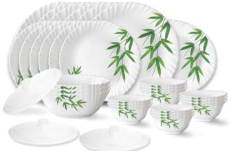 Larah by Borosil Bamboo Leaves Fluted Series Opalware Dinner Set | 31 Pieces for Family of 6 | Microwave & Dishwasher Safe | Bone-Ash Free | Crockery Set for Dining & Gifting | Plates & Bowls | White