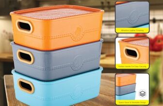 PULSBERY Present Leather-Finished Stackable Storage Boxes, Clothes, Multipurpose Vegetables, Toys, Books, Office, Stationery, Wardrobe, Set of 3, Orange, Grey, Blue, With Handles, Space Saver Design