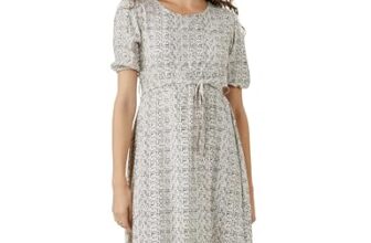 Amazon Brand – Symbol Women’s Rayon Fit and Flare One Piece Midi Length Dress (with Self Fabric Belt) (DR-04-WES-CONT_Off White_XS)